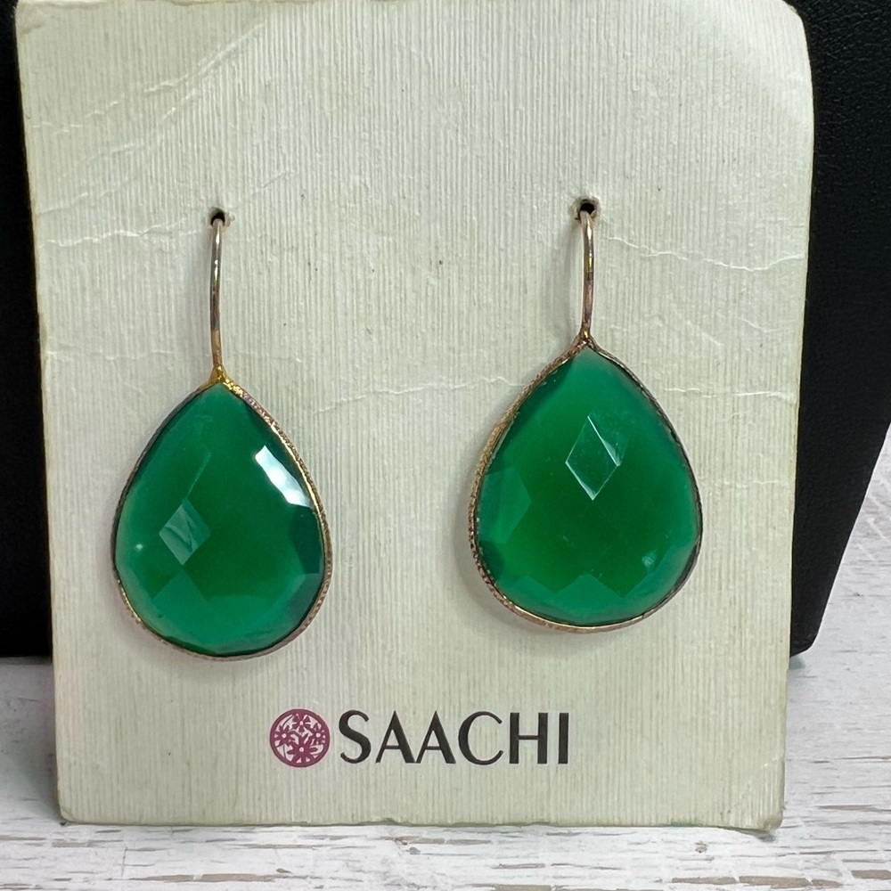 Saachi 18k Gold Plated Green Chalcedony Faceted Earrings D16